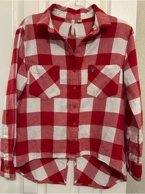 Red & White Buffalo Plaid Flannel Button-Down Shirt with Pocket Texas Tech logo